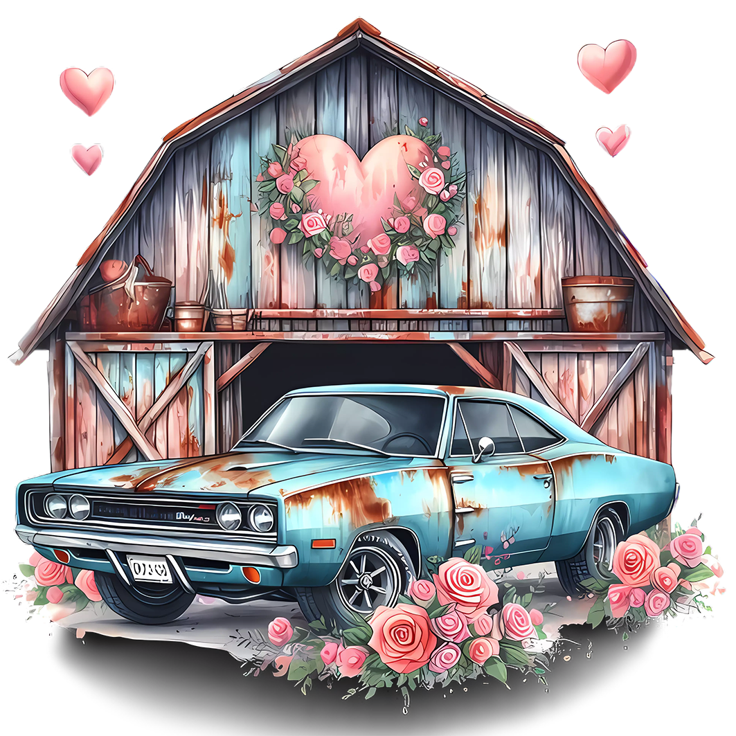 Sticker Oldtimer vor der Scheune blau/rosa