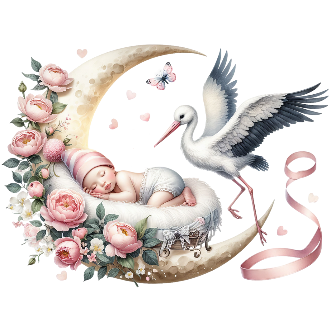 Sticker Storch mit Baby auf dem Mond