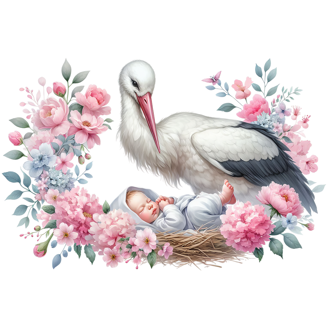Sticker Storch mit Baby im Nest
