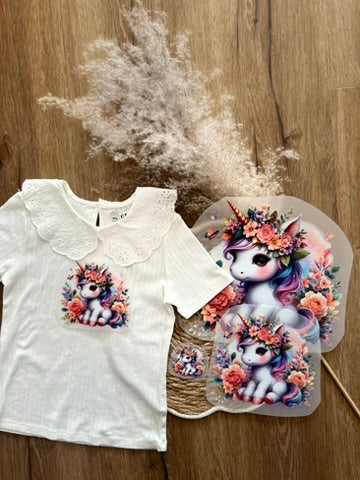 Bügelbild Blümchen Einhorn