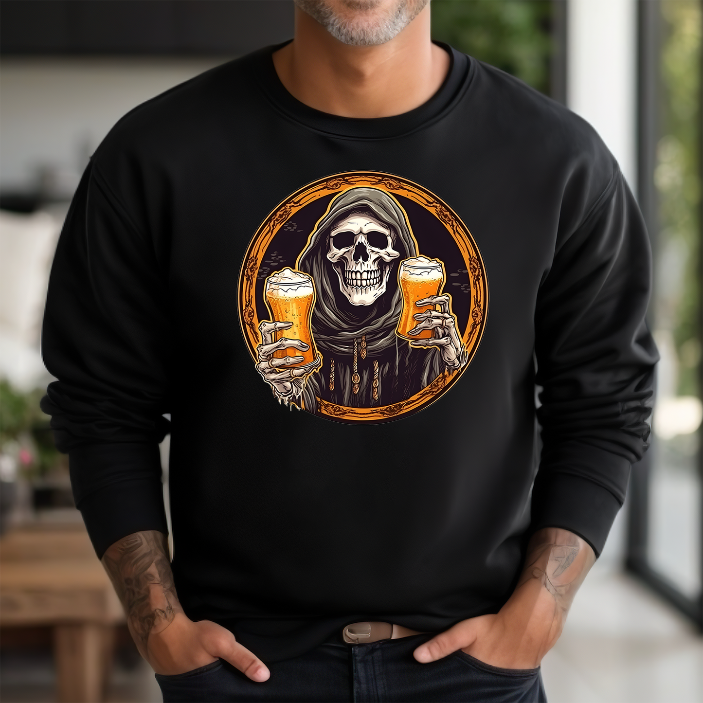 Bügelbild Skelett mit Bier