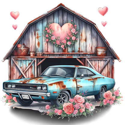 Sticker Oldtimer vor der Scheune blau/rosa