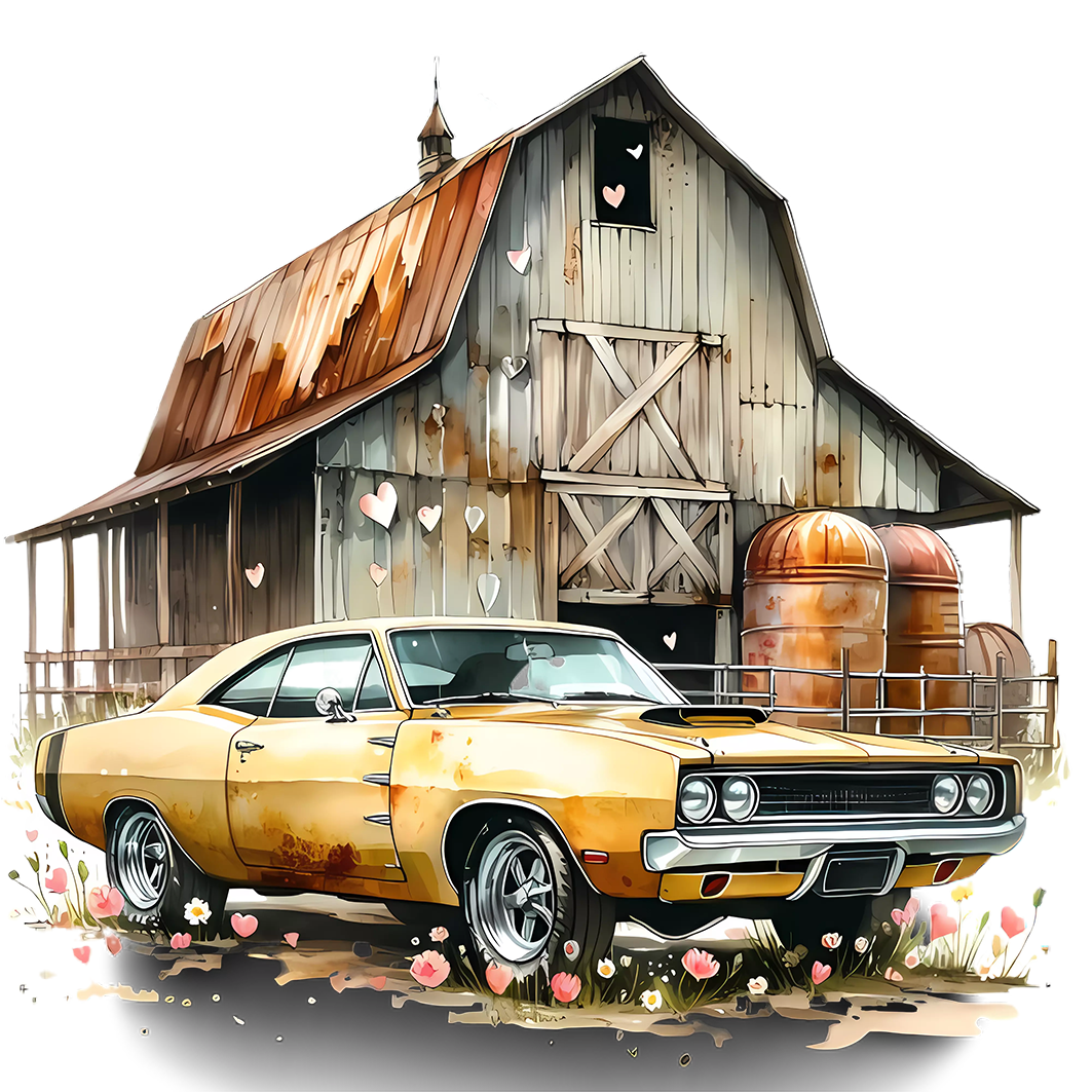 Sticker Oldtimer vor der Scheune gelb