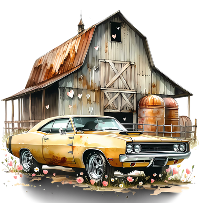 Sticker Oldtimer vor der Scheune gelb
