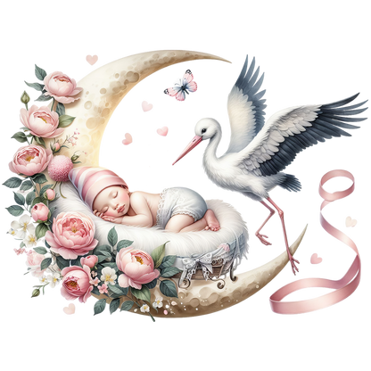 Sticker Storch mit Baby auf dem Mond