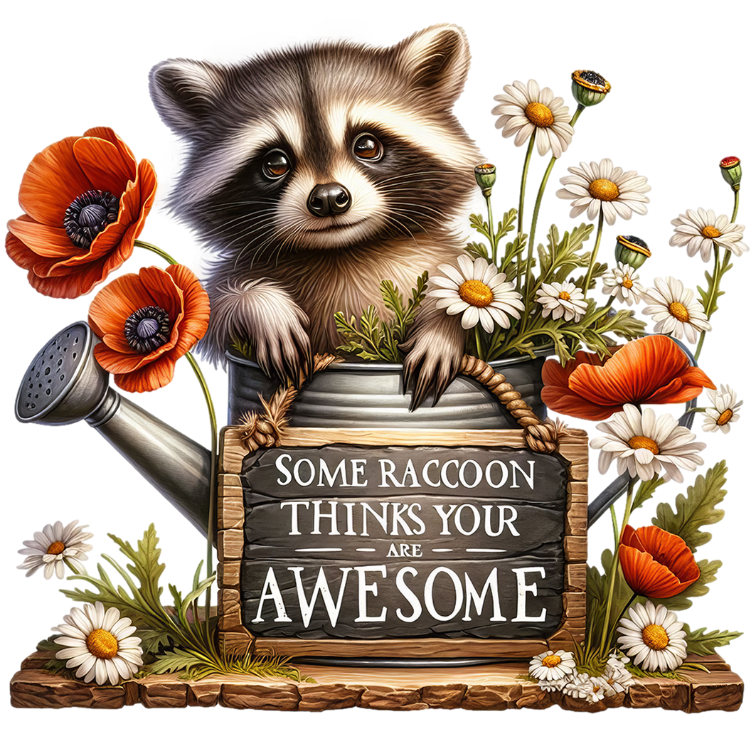Sticker Waschbär in der Gießkanne mit Mohnblumen