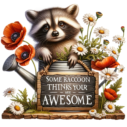 Sticker Waschbär in der Gießkanne mit Mohnblumen